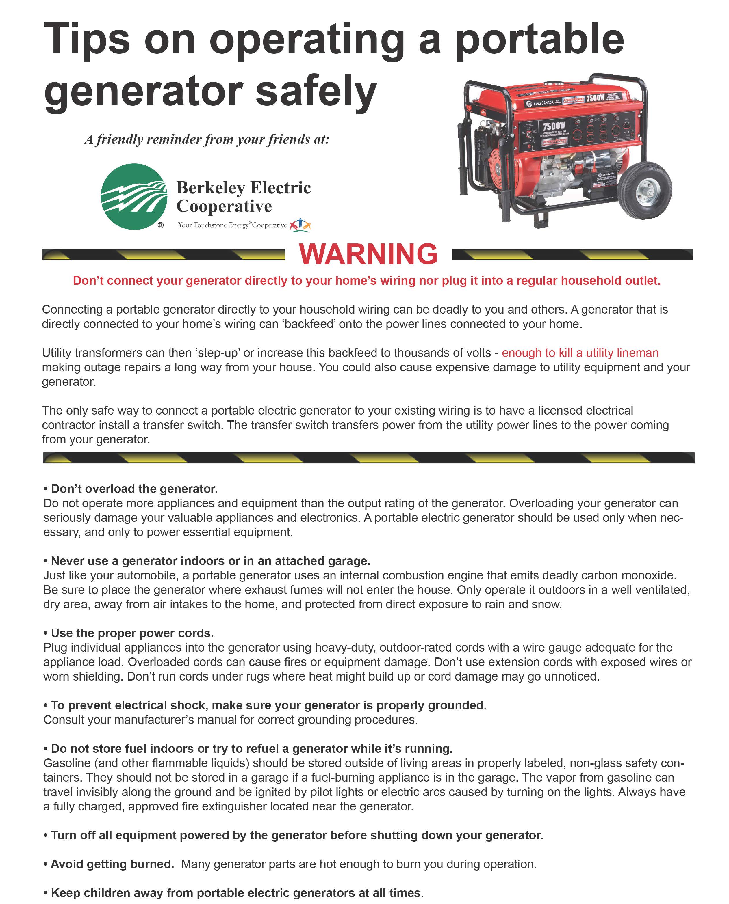 Operating A Portable Generator Safely Berkeley Electric Cooperative